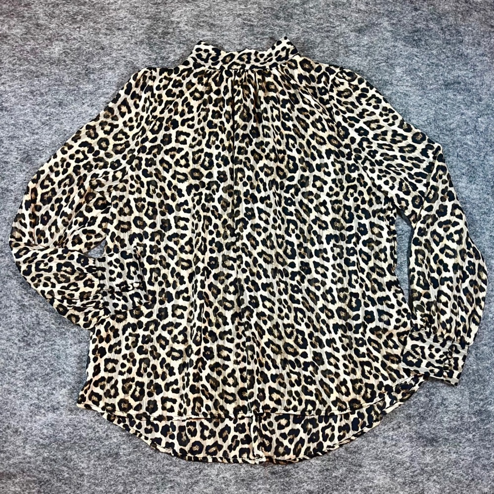 H&M Leopard Print Sheer Blouse Womens L Brown Mock Neck Long Sleeve Chic Office - Picture 4 of 12